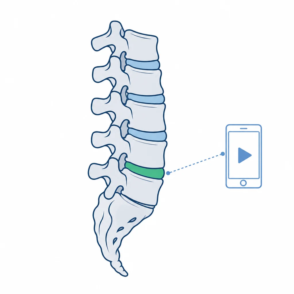 Ilustração da coluna lombar em traço azul ao lado de um celular com vídeo de exercício